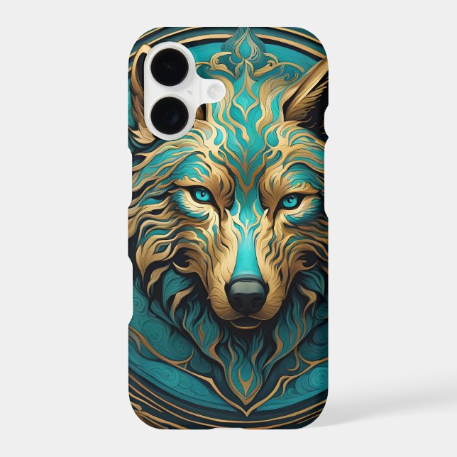 Turquoise and Gold Wolf Iphone Case (Back)