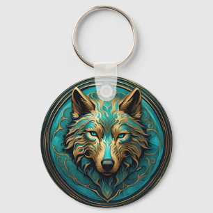 Turquoise and Gold Wolf Keychain