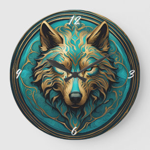 Turquoise and Gold Wolf Large Clock