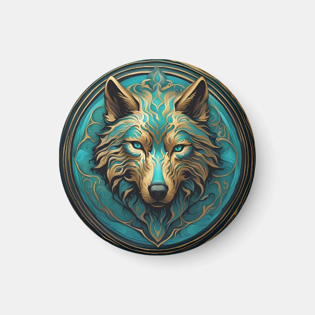 Turquoise and Gold Wolf Magnet (Front)