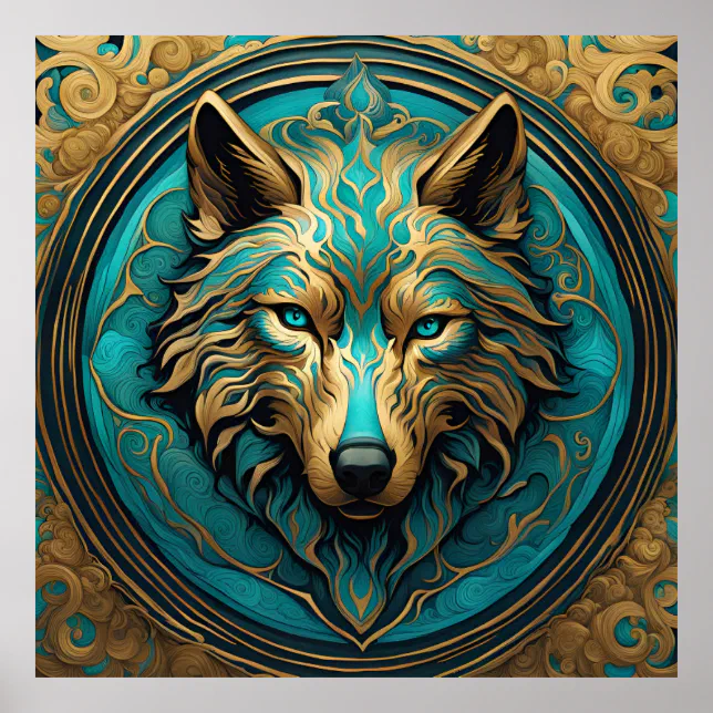 Turquoise Wolves Turquoise and Gold Wolf Poster | Zazzle