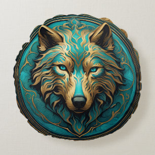 Turquoise and Gold Wolf Round Pillow