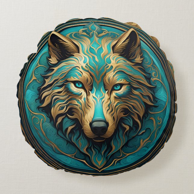 Turquoise and Gold Wolf Round Pillow (Front)