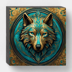 Turquoise and Gold Wolf Wooden Box Sign