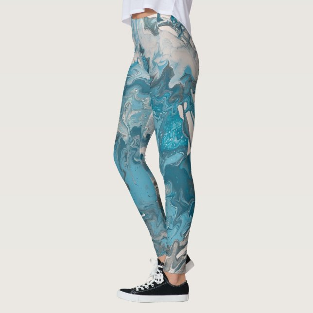 Turquoise and Gray Acrylic Pour Paint Marbleized Leggings (Left)