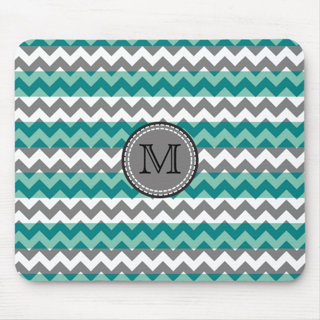 Turquoise and Gray Chevron Zigzag Monogram #2 Mouse Pad (Front)