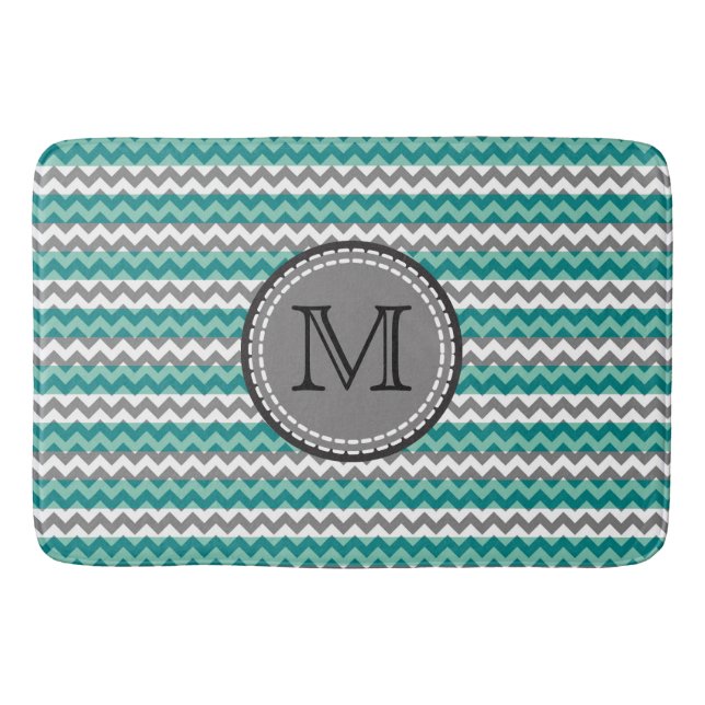 Turquoise and Gray Chevron Zigzag Monogram Bath Mat (Front)