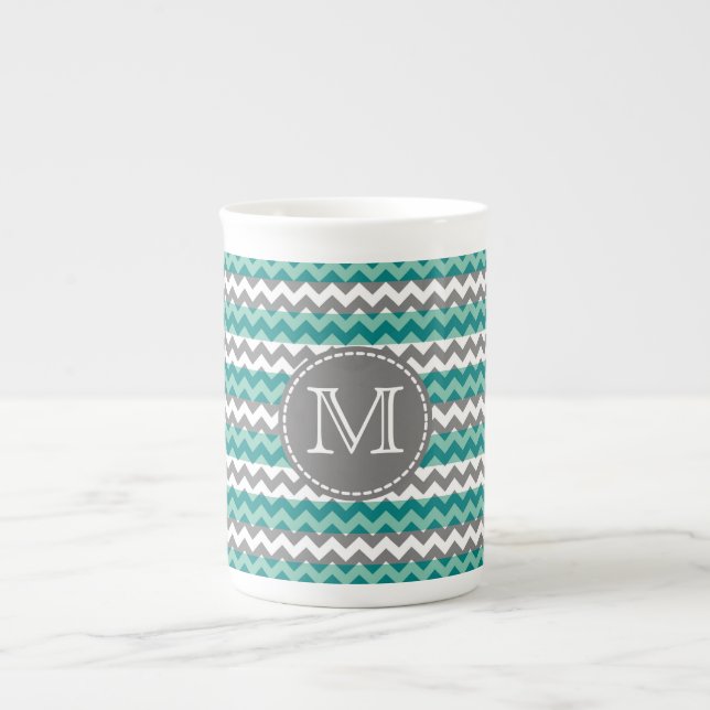 Turquoise and Gray Chevron Zigzag Monogram Bone China Mug (Front)