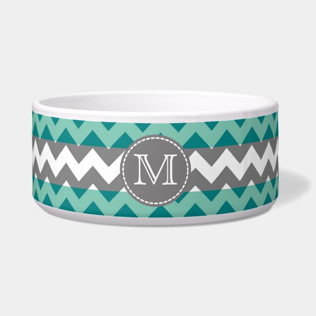 Turquoise and Gray Chevron Zigzag Monogram Bowl (Front)