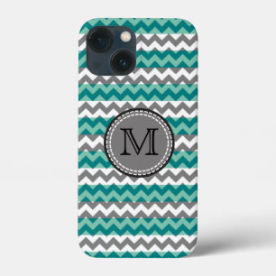 Turquoise and Gray Chevron Zigzag Monogram iPhone 13 Mini Case