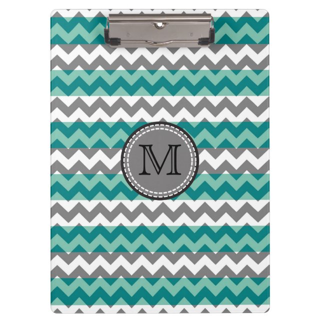 Turquoise and Gray Chevron Zigzag Monogram Clipboard (Front)