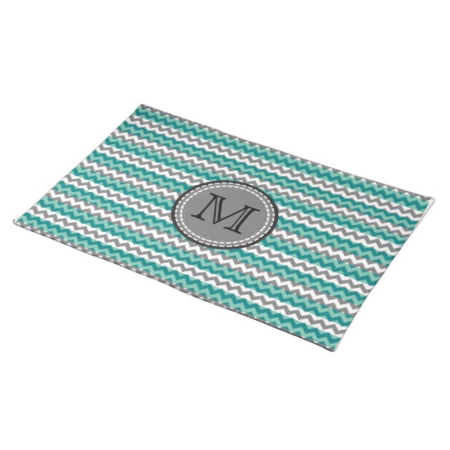 Turquoise and Gray Chevron Zigzag Monogram Cloth Placemat (On Table)
