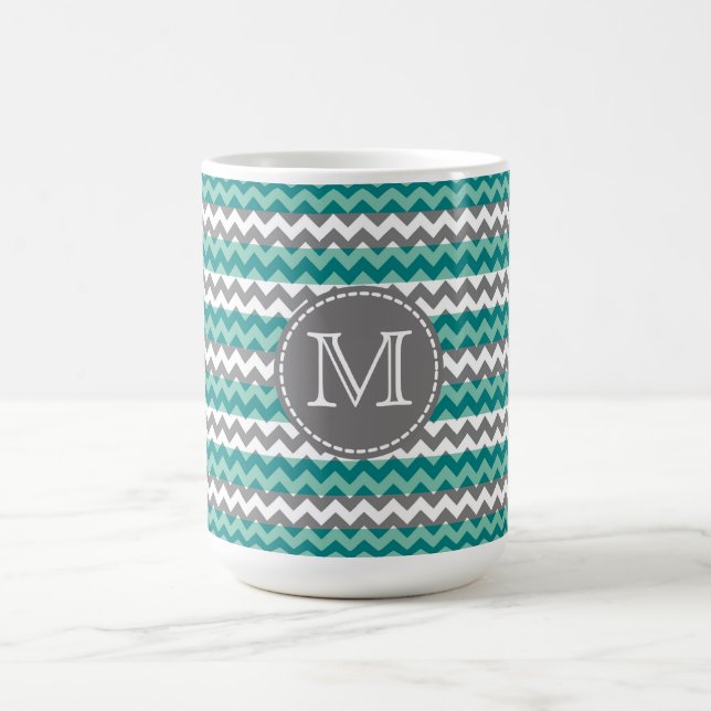 Turquoise and Gray Chevron Zigzag Monogram Coffee Mug (Center)