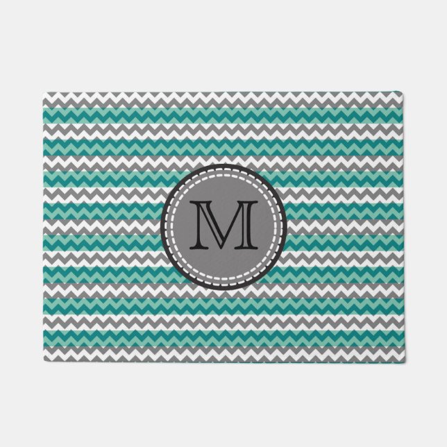 Turquoise and Gray Chevron Zigzag Monogram Doormat (Front)