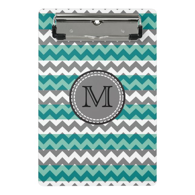 Turquoise and Gray Chevron Zigzag Monogram Mini Clipboard (Front)
