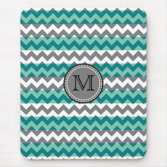 Turquoise and Gray Chevron Zigzag Monogram Mouse Pad (Front)