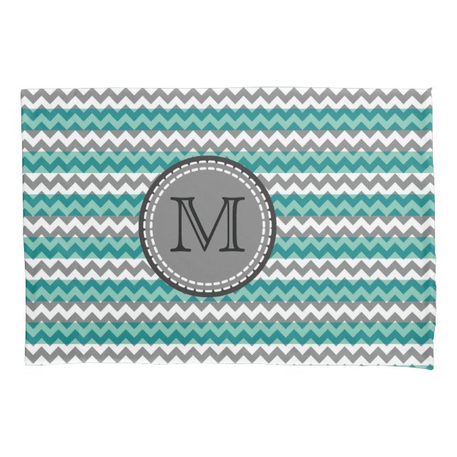 Turquoise and Gray Chevron Zigzag Monogram Pillow Case (Front)