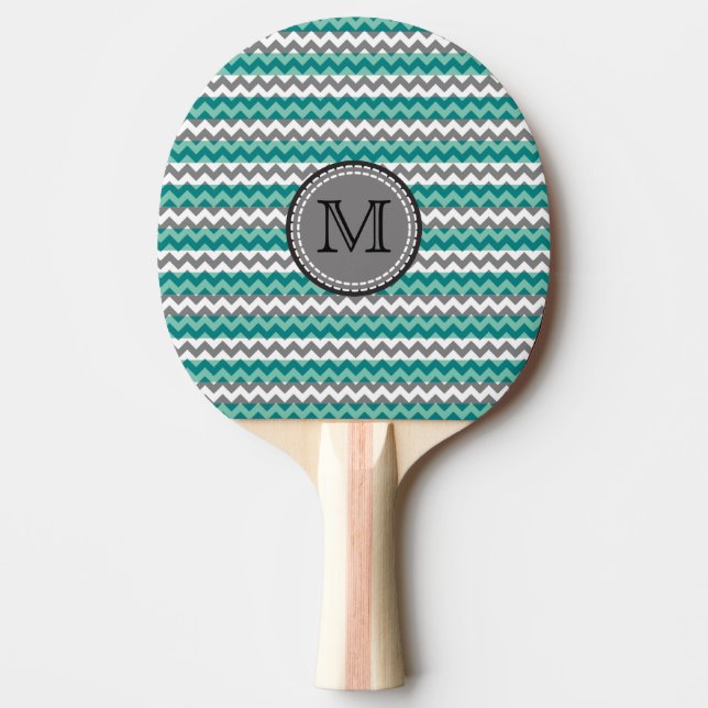 Turquoise and Gray Chevron Zigzag Monogram Ping Pong Paddle (Front)