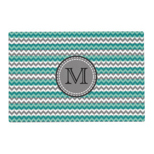 Turquoise and Gray Chevron Zigzag Monogram Placemat