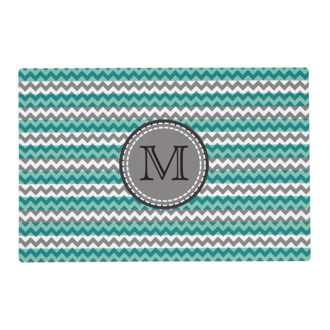 Turquoise and Gray Chevron Zigzag Monogram Placemat (Front)