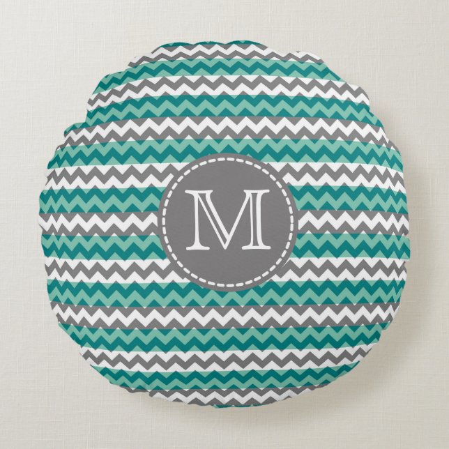 Turquoise and Gray Chevron Zigzag Monogram Round Pillow (Front)