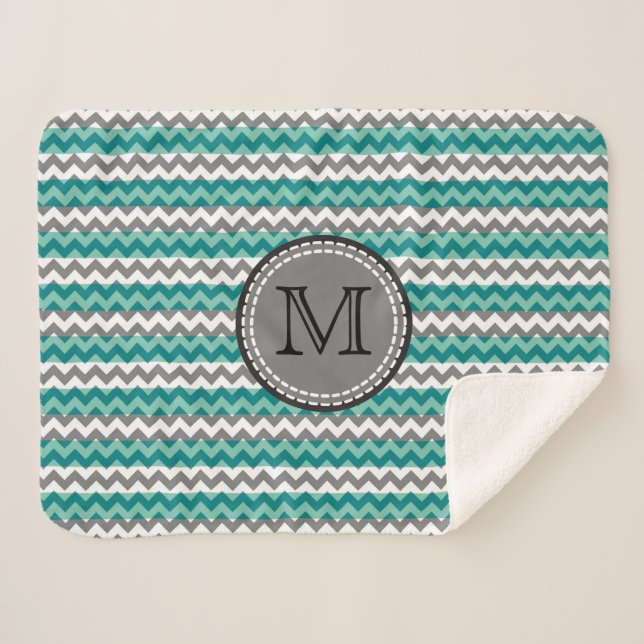 Turquoise and Gray Chevron Zigzag Monogram Sherpa Blanket (Front (Horizontal))