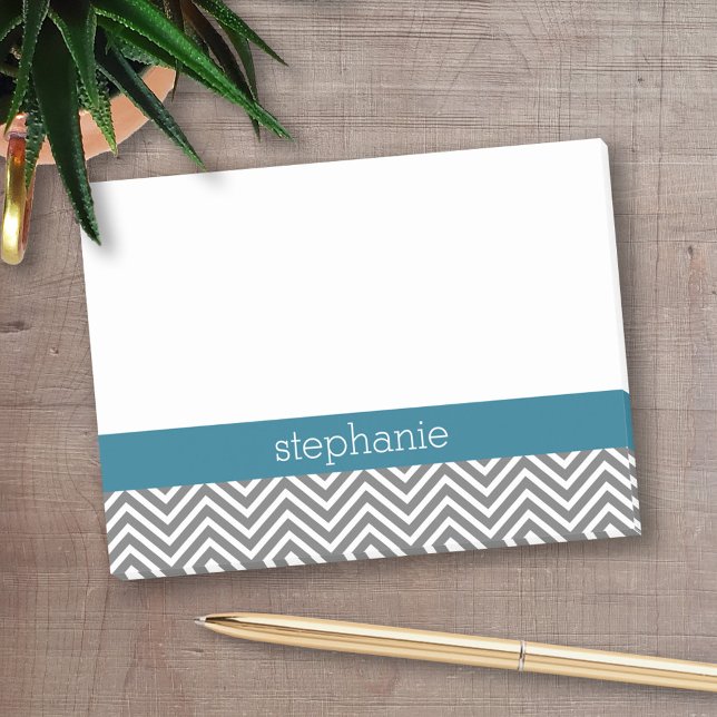 Turquoise and Gray Chevrons Custom Name Post-it Notes (Personalized Post-It Notes - add name or other text)