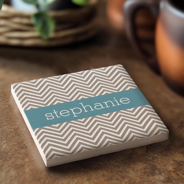 Turquoise and Gray Chevrons Custom Name Stone Coaster (Custom Stone Coaster)