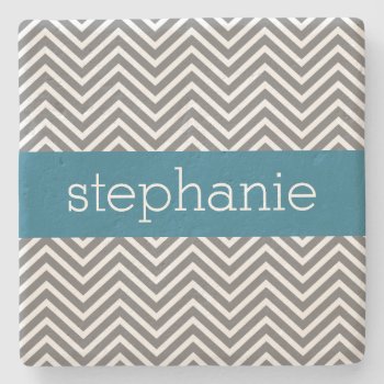 Turquoise And Gray Chevrons Custom Name Stone Coaster by MarshBaby at Zazzle
