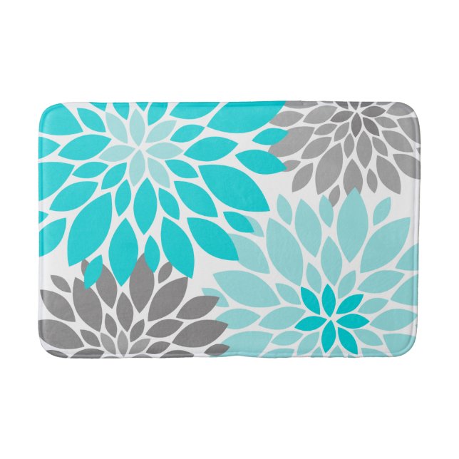 Turquoise and Gray Chrysanthemums Floral Pattern Bath Mat (Front)
