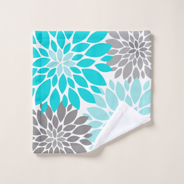 Turquoise and Gray Chrysanthemums Floral Pattern Bath Towel Set (Wash Cloth)