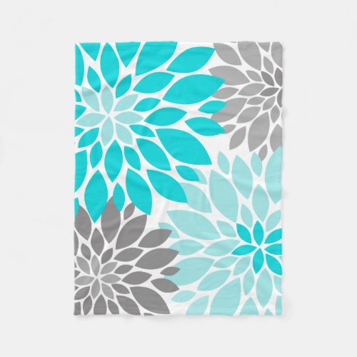 Turquoise and Gray Chrysanthemums Floral Pattern Fleece Blanket