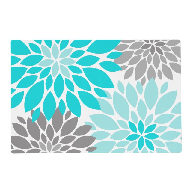 Turquoise and Gray Chrysanthemums Floral Pattern Placemat (Front)