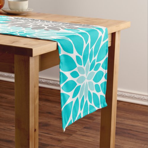 Turquoise and Gray Chrysanthemums Floral Pattern Short Table Runner