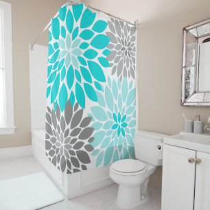 Turquoise and Gray Chrysanthemums Floral Pattern Shower Curtain