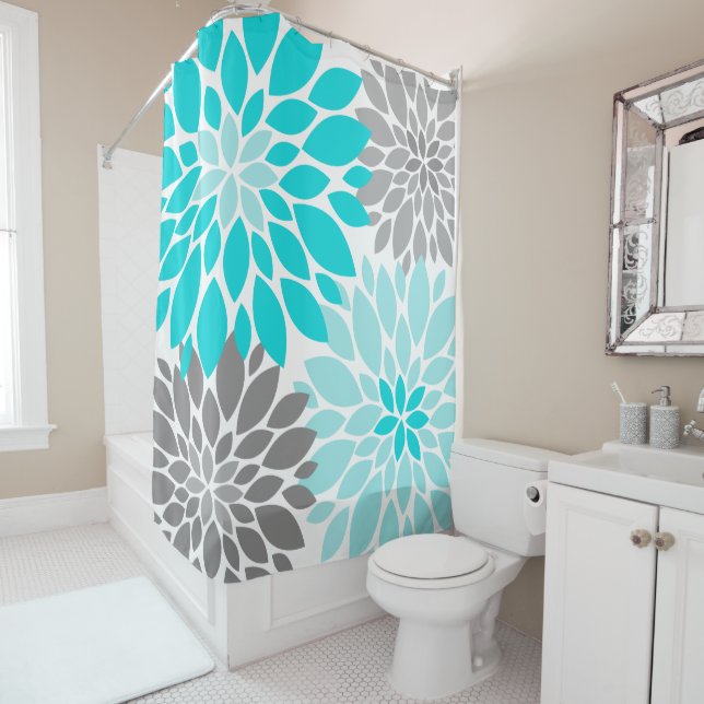 Turquoise and Gray Chrysanthemums Floral Pattern Shower Curtain (In Situ)