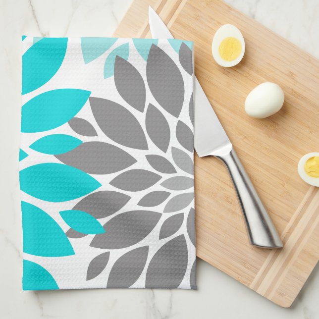 Turquoise and Gray Chrysanthemums Floral Pattern Towel (Quarter Fold)