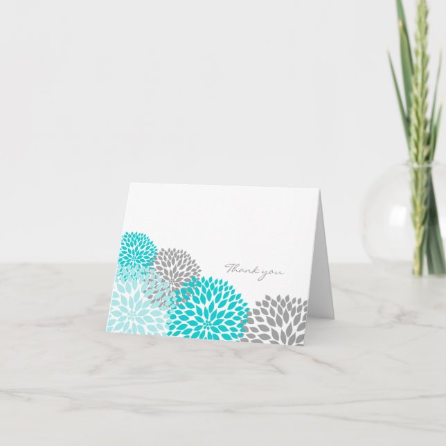 Turquoise and Gray Dahlia Blossom Thank you notes (Front)