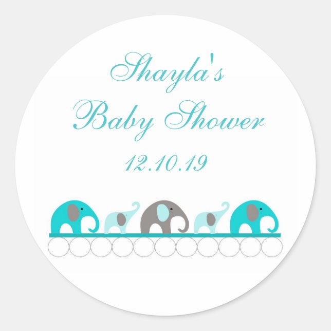 Turquoise and Gray Elephant Baby Shower Favor Classic Round Sticker (Front)