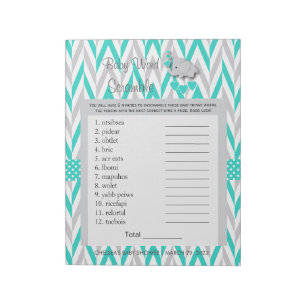 Turquoise and Gray Elephant Baby Shower Game Notepad