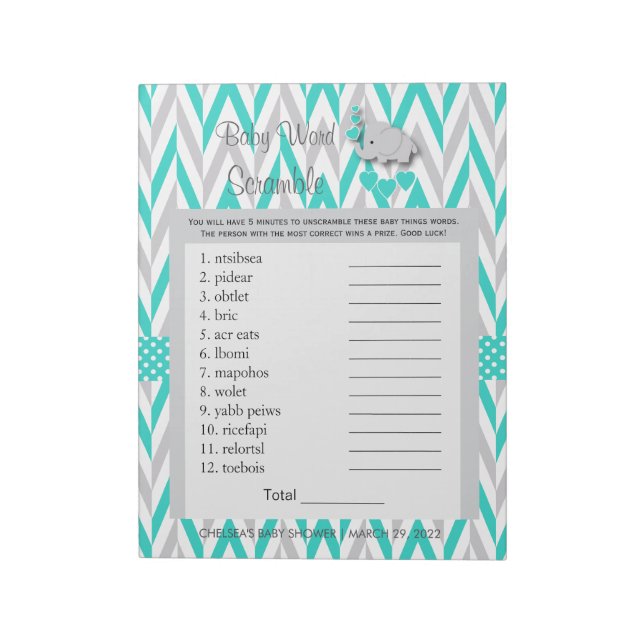 Turquoise and Gray Elephant Baby Shower Game Notepad (Rotated)