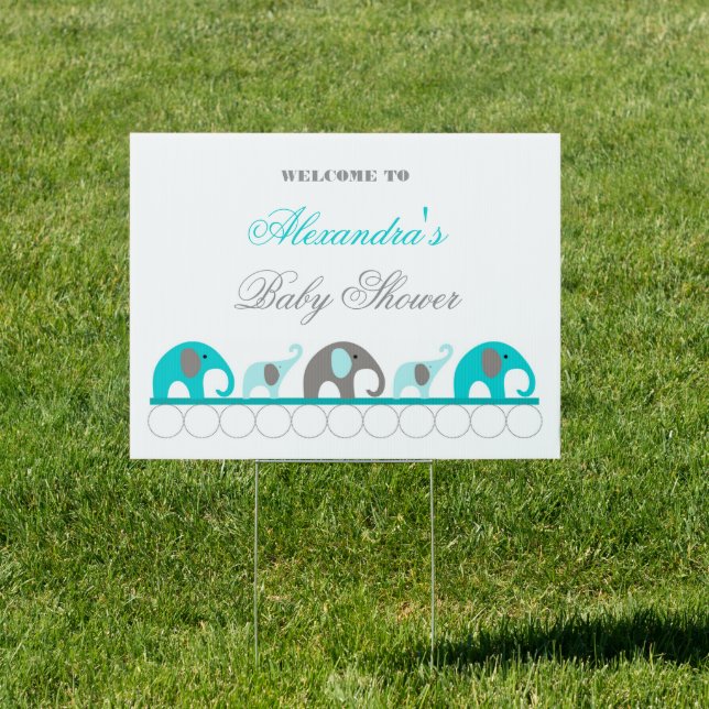 Turquoise and Gray Elephant Baby Shower Welcome Yard Sign (Insitu)