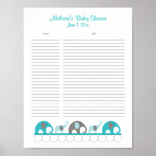 Turquoise and Gray Elephants Baby Shower Gift List Poster