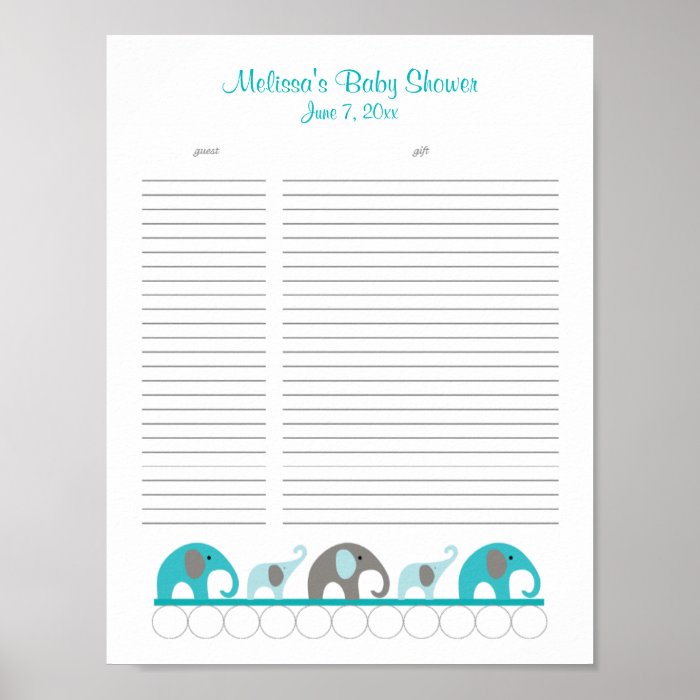 Turquoise and Gray Elephants Baby Shower Gift List Posters