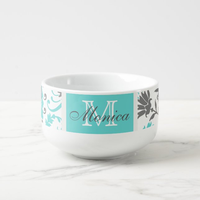 Turquoise and Gray Girly Floral Monogram Soup Mug (Front)
