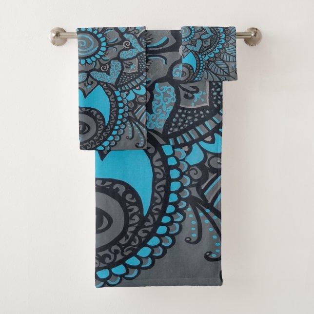 Turquoise and Gray Henna Inspired Flower Bath Towel Set (Insitu)