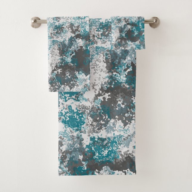 Turquoise and Gray Marbled Abstract Throw Pillow Bath Towel Set (Insitu)
