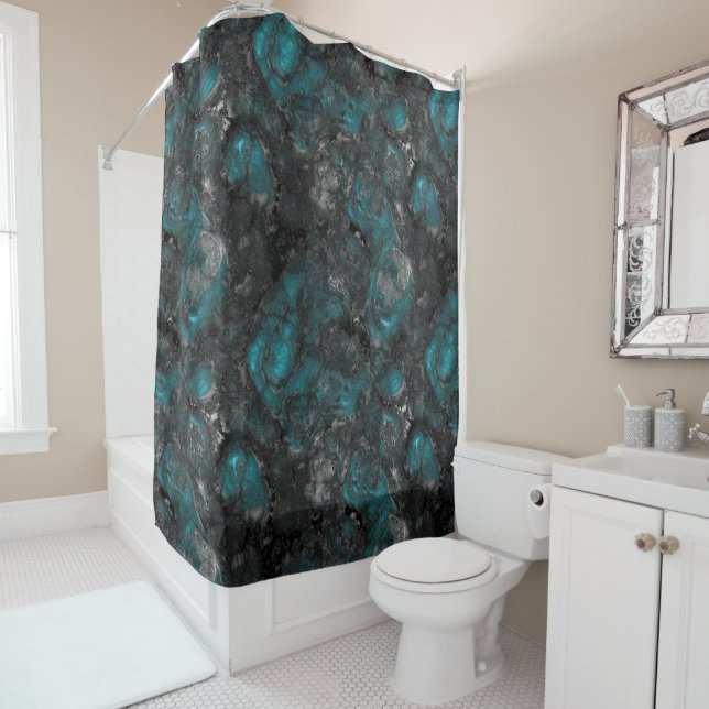 Turquoise and Gray  Marbled Shower Curtain (In Situ)