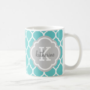 Turquoise and Gray Moroccan Quatrefoil Monogram Coffee Mug