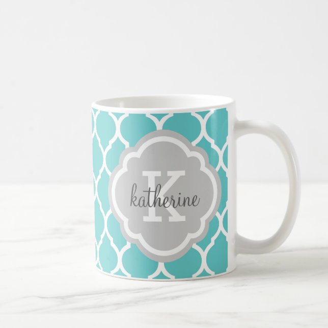 Turquoise and Gray Moroccan Quatrefoil Monogram Coffee Mug (Right)